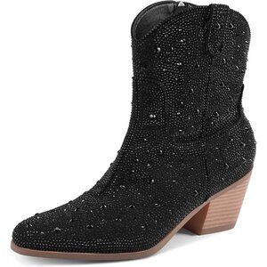 Women's Comfortable Rhinestone Chunky Heel Side Zipper Black Boots